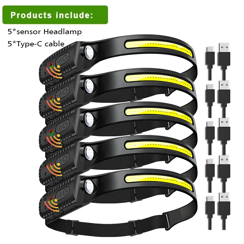 COB LED Headlamp Induction Head Lamp Built-in Battery USB Rechargeable Head Flashlight Outdoor Camping Fishing Sensor Headlight