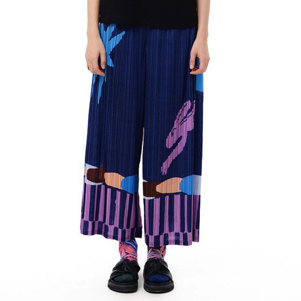 Pleated summer new FUN series elastic waist pocket fun printing casual straight-leg pants women trousers