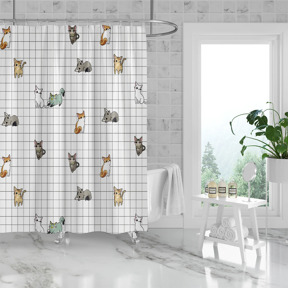 1PC, 180x180cm bathroom polyester shower curtain, mold resistant and waterproof, perforated with hooks, small square, cat