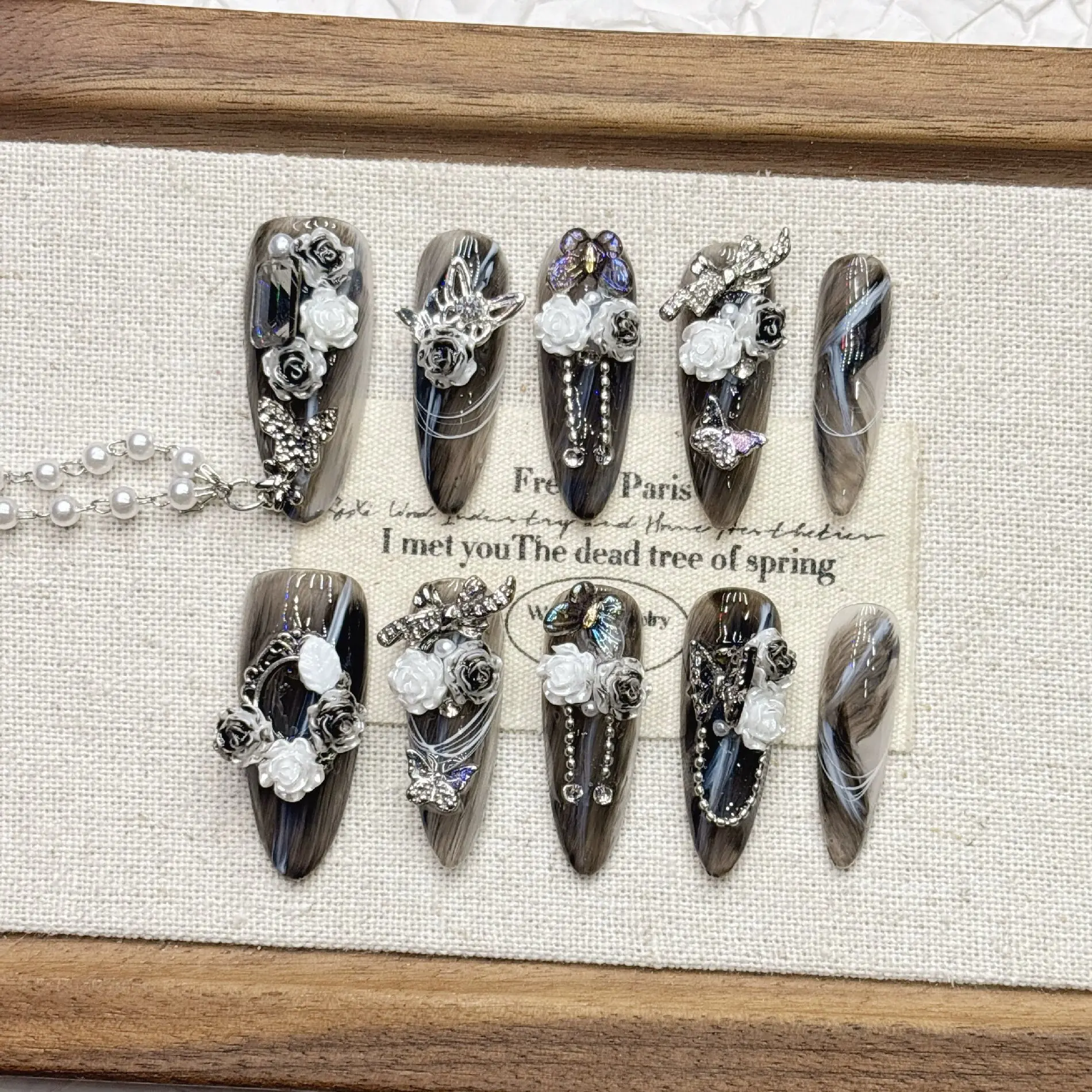 Dark Gothic Press‑On Nails Long Almond Shape Handmade False Nails With 3D Black White Rose Butterfly Pearl Chain Rhinestone Reus