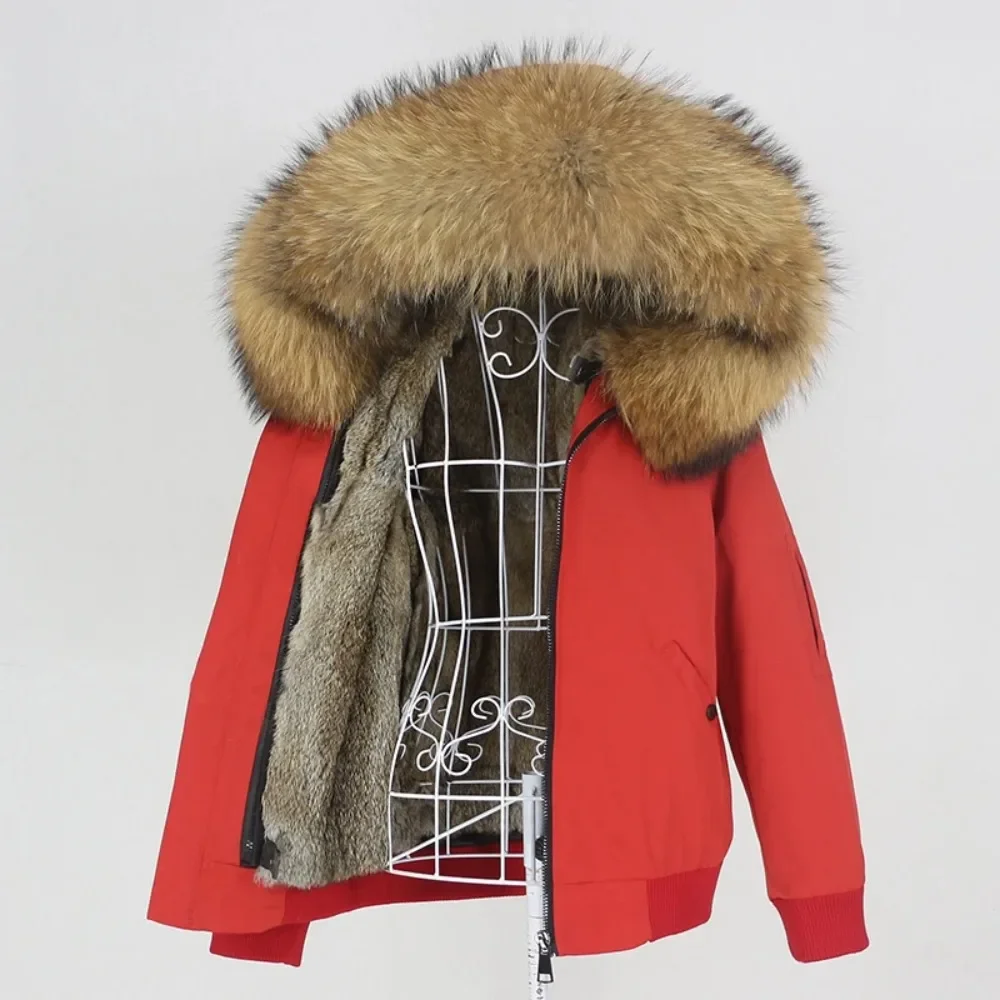 Vrouwen Reality Bontjas Waterdichte Bomber Parka Winter Konijnenbontjas 2025, Natuurlijke Vos Wasbeer Bontkraag Kap Afneembaar Nieuw