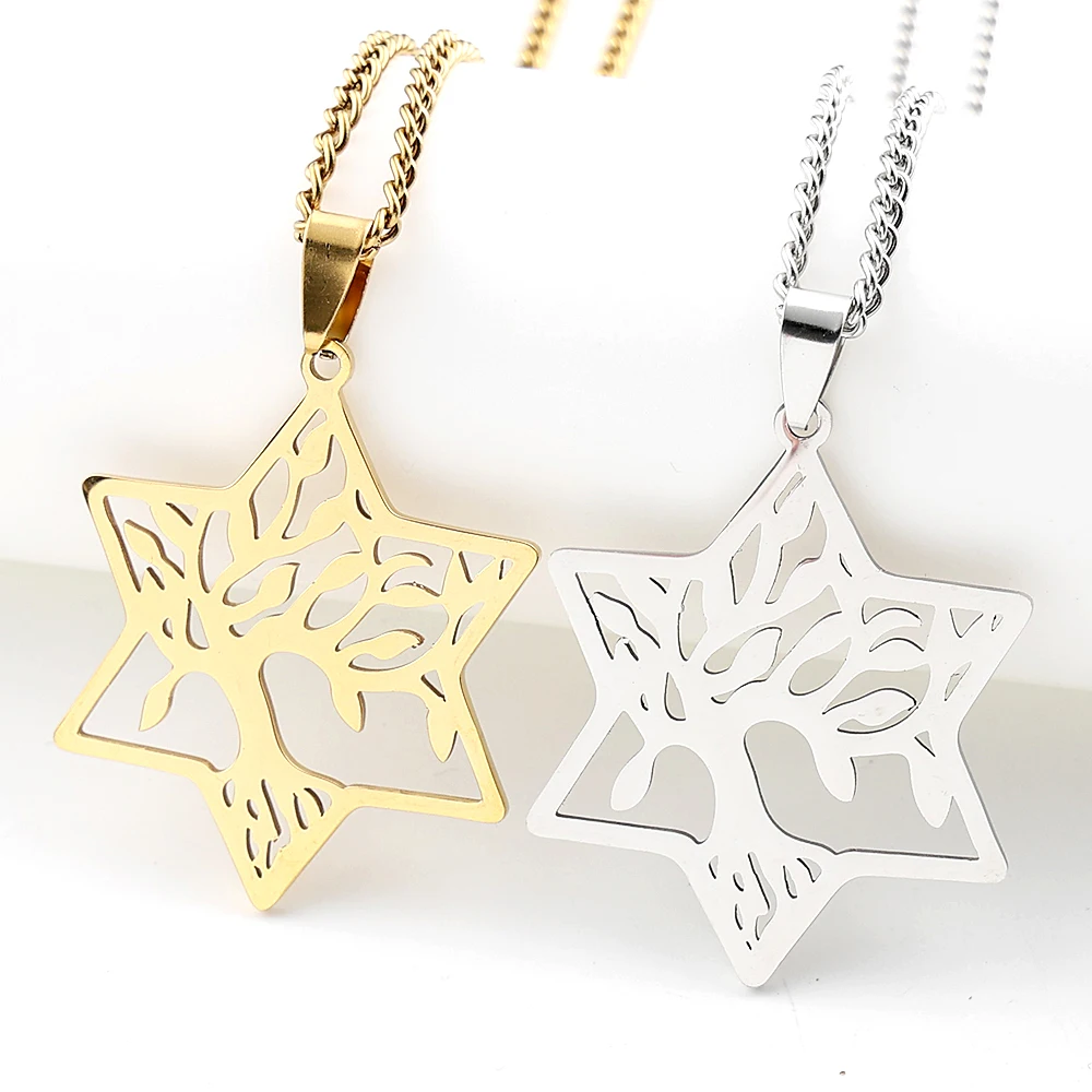 Magen Star of David Tree of Life Necklace for Women Men Gold Color Hollow Pendant Hexagram Plant Necklaces Jewelry Gift N8078S05