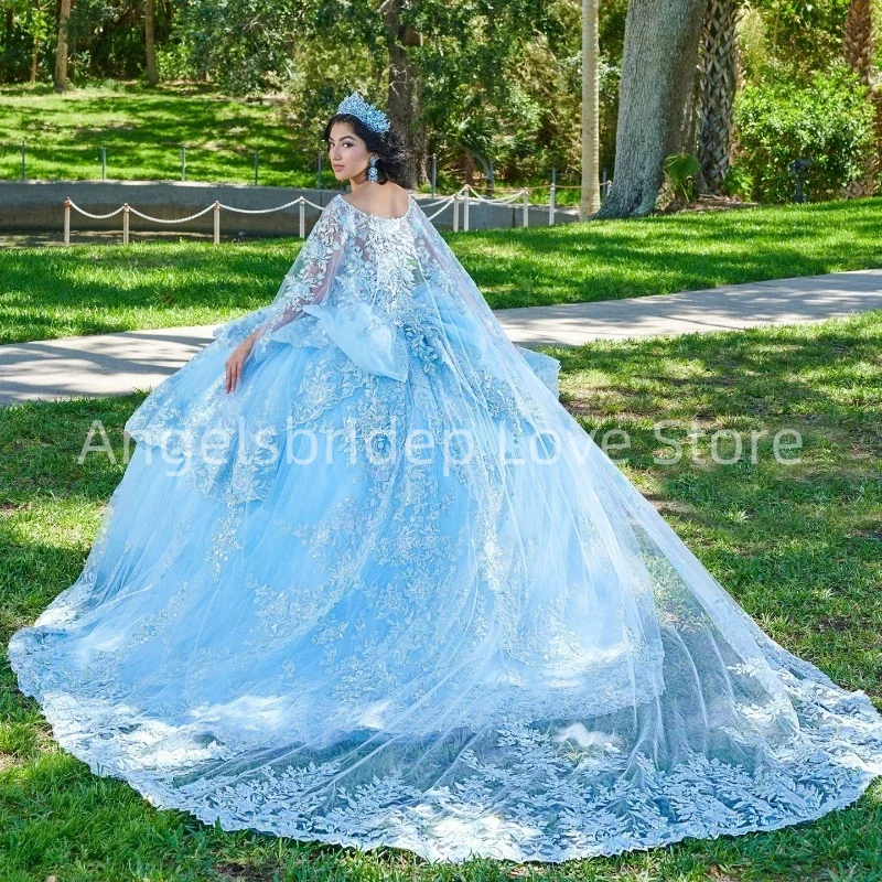 Angelsbridep Maßgeschneidertes himmelblaues Quinnceanera-Kleid, Ballkleid, Glitzer-Applikationen, Perlenkorsett, Sweet 16, Vestidos de 15 Jahre