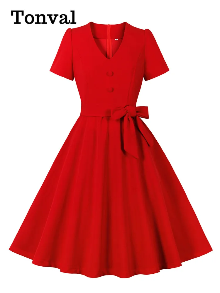 Tonval Vintage Retro Women Red Solid Dress Party Evening Elegant V-Neck Button Front Short Sleeve Summer 2023 Belted Swing Dress