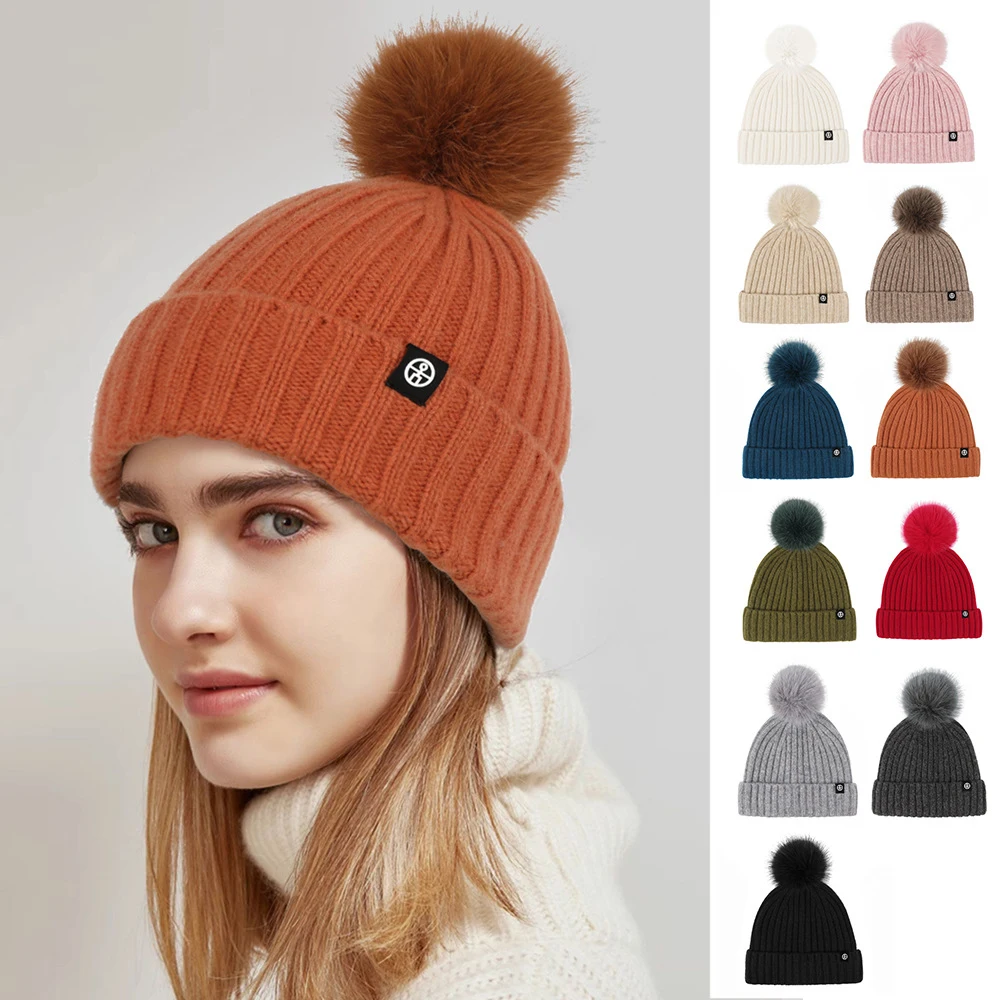 

100% Wool Hat Autumn Winter Women Warm Woolen Knitted Solid Color Hats Cute Pompom Ball Riding Ear Protection Cover Beanie Cap