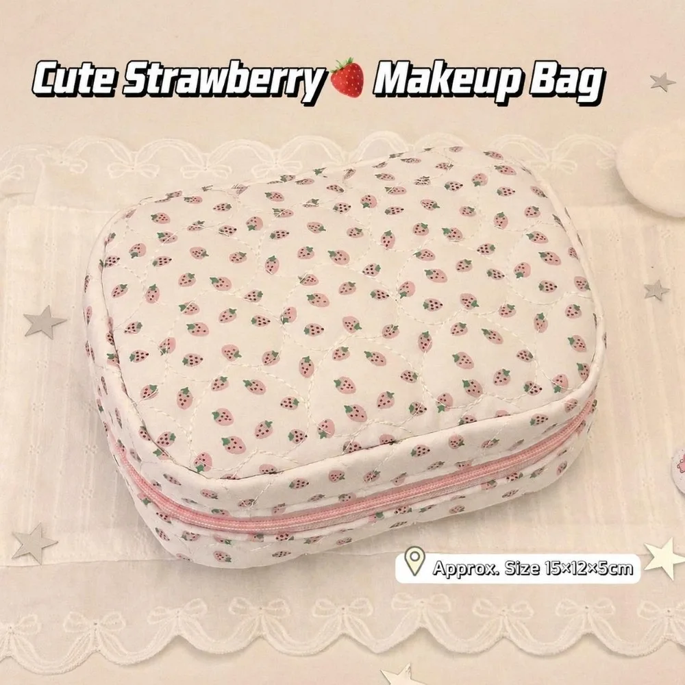 Durable Strawberry Print Makeup Bag Multi-layer Compartment Large Capacity Toiletry Bag Makeup Storage Pouch Women Girls