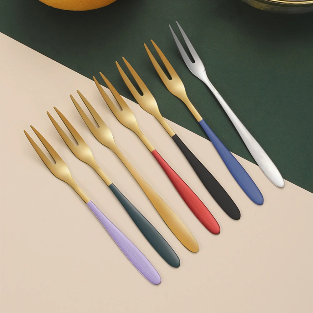 304 Stainless Steel Fruit Fork Snail Fork Dessert Cake Forks Salad Fork For Party Kitchen Tableware Set Gold Two-tine Forks SET