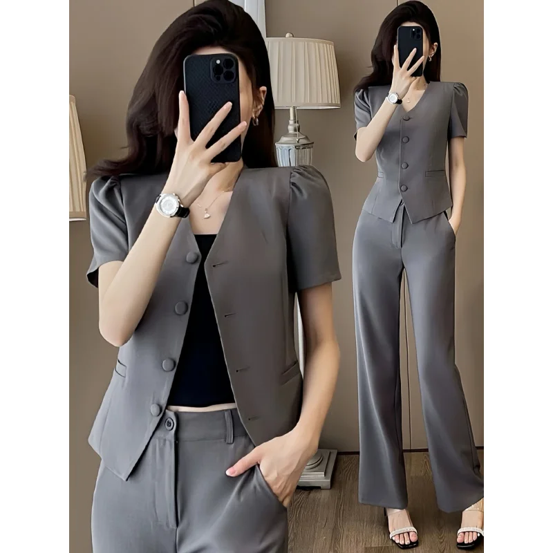 

Gray short-sleeved blazer suit for women, summer thin professional attire, petite elegant goddess style short blazer top
