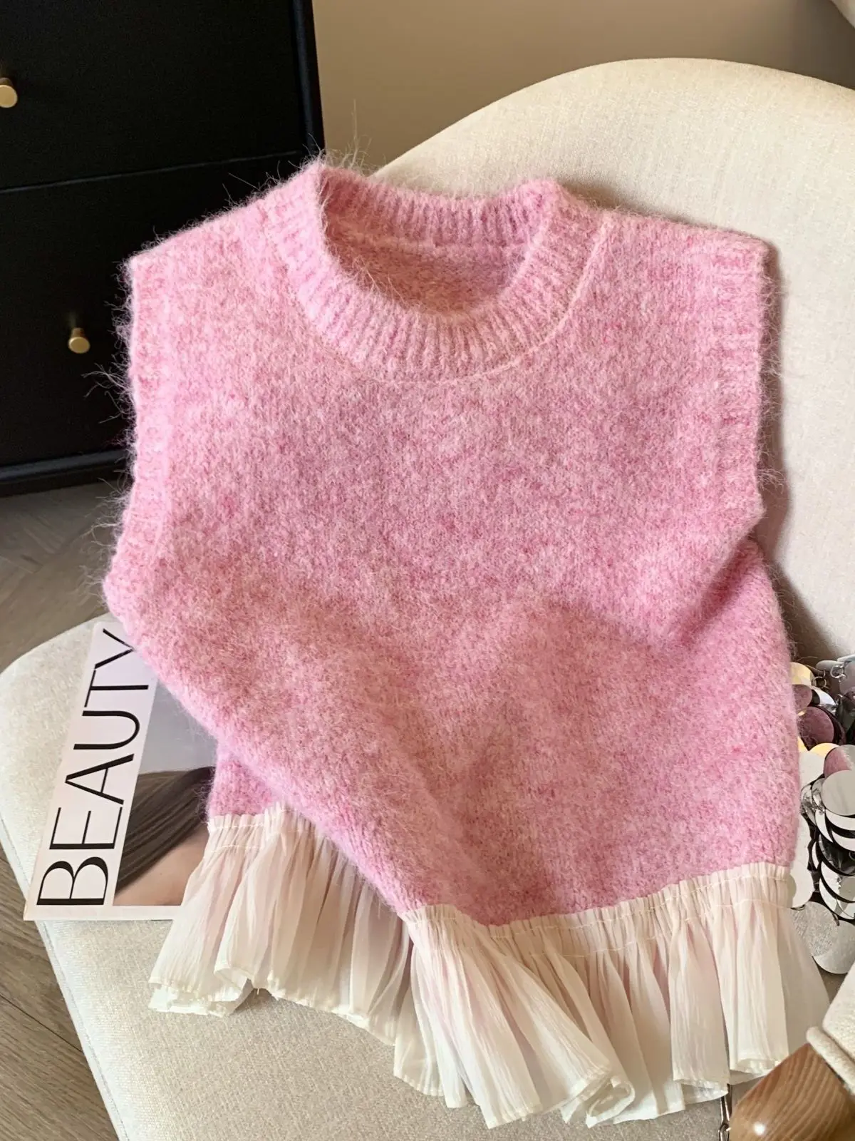 

Pink Sweet Spicy Girl round Ne Svel Knitted Vest Women's Spring Autumn Ruffle Splice Design ort Top Ciwalk Sle