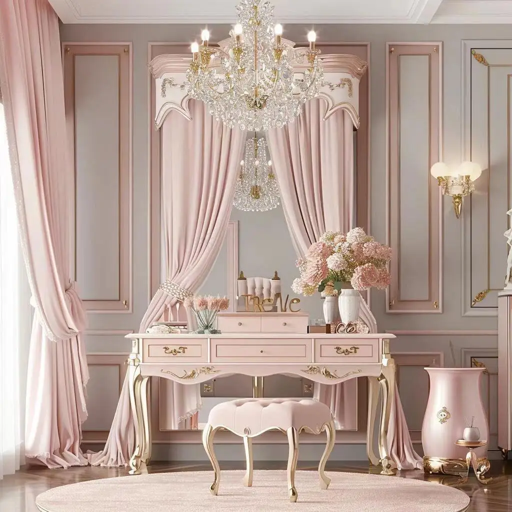 European Style Luxury Extendable Adjustable Dressing Table with Mirror and Drawers for Bedroom Hotel & Apartment Use
