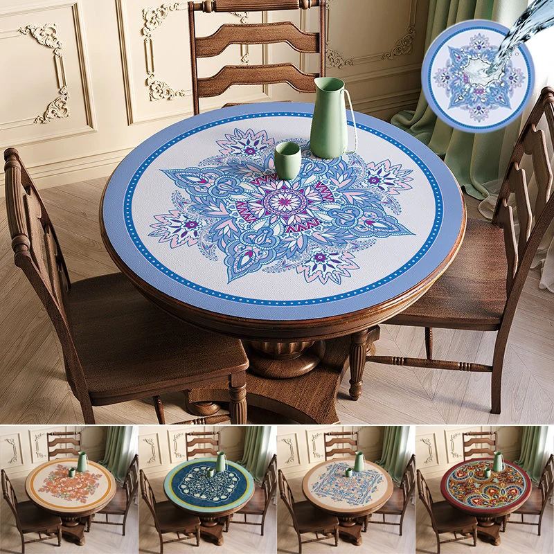 Retro High-end Patterned Round Tablecloth Waterproof Heat-resistant Anti Slip Leather Dining Table Mat Home Decoration Party