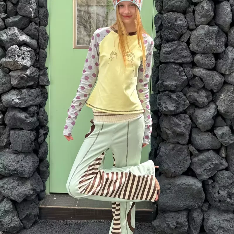 Harajuku Autumn Street Long Sleeve Tee Crying Face Graphic Slim Vintage 2000s Sweet Subculture Y2k Aesthetic Polka Dot RaglanTop