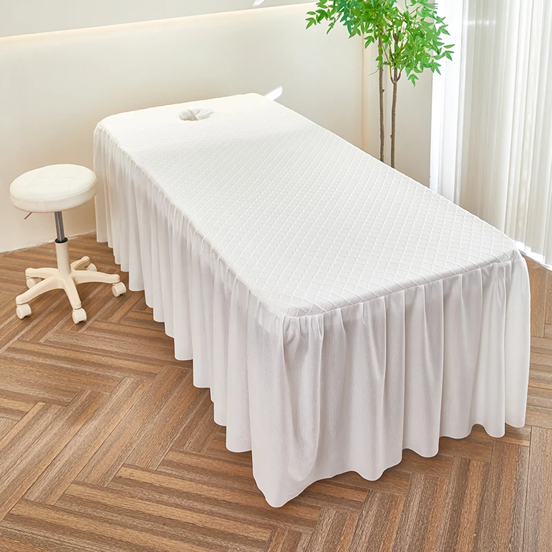 Knitted Waffle Beauty Bed Bedspread, Cream Style Bedskirt For Spa Massage Therapy Barbershop Beauty Salon Bed Cover with Hole
