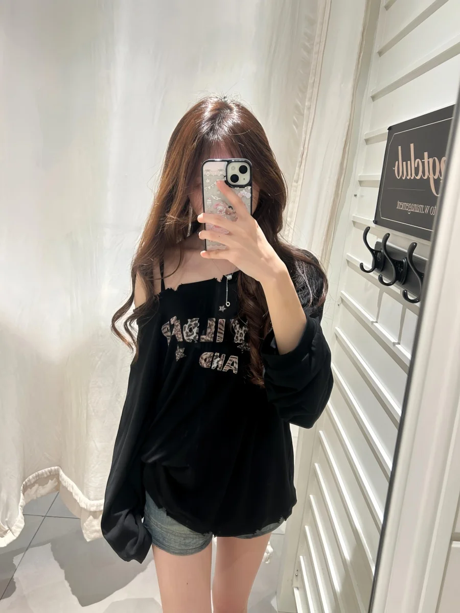 

Bla Long Sve Lazy Sle oulder Slit Hoodie Women's Casual Faion High Street Top Streetwear Autumn Season Print Design