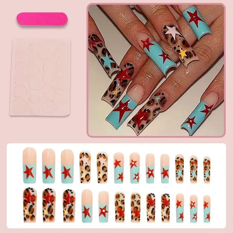 24PCS Long rectangular nail art piece - red star leopard print - detachable and wearable nail art piece - high-end style