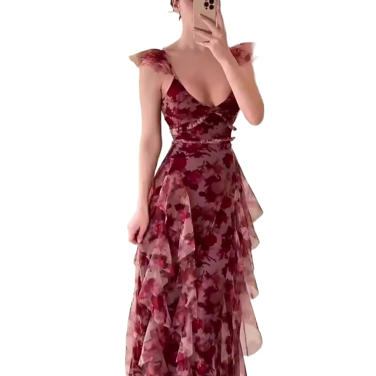 

Sexy Deep V-neck Backless Flying Sleeves High Waist Ruffles Long Flowers Print Dark Red Dress