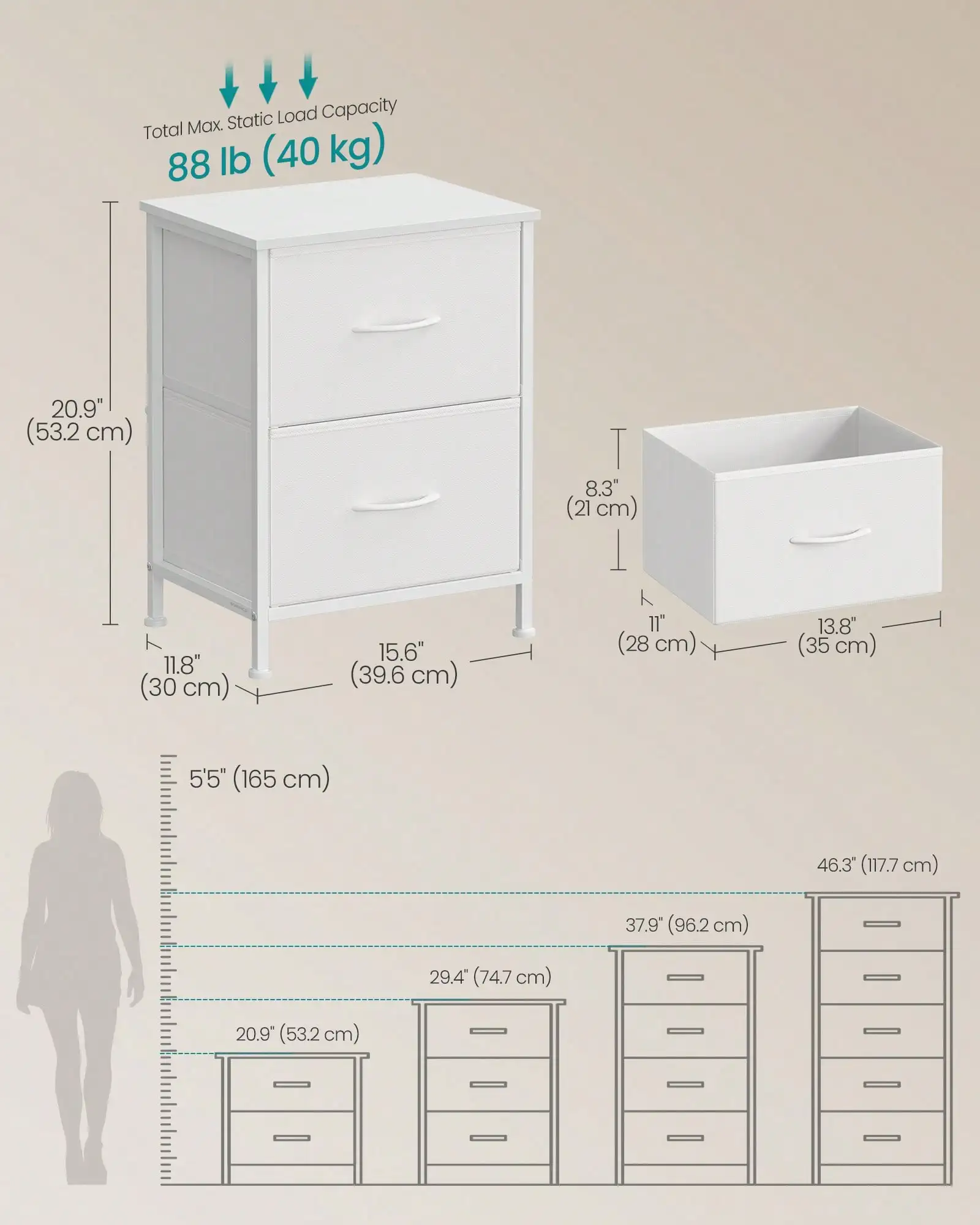 2 Drawer Fabric Dresser Modern White Wooden Top Metal Frame Small Nightstand Side Table Storage Organizer Unit Chest Of Drawers For Bedroom Closet Living Room Entryway Office Housewarming Gift