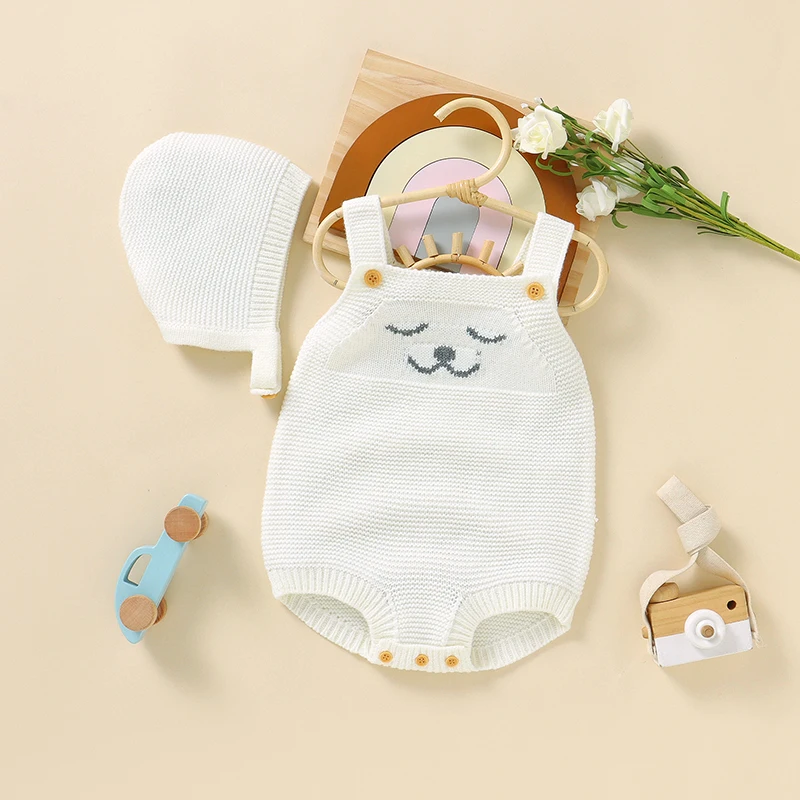 

Baby Bodysuit Knit Newborn Girl Boy Jumpsuit Outfits Sleeveless Tops Summer Infant Toddler Clothing Hat 0-18M Overalls Cute Cat