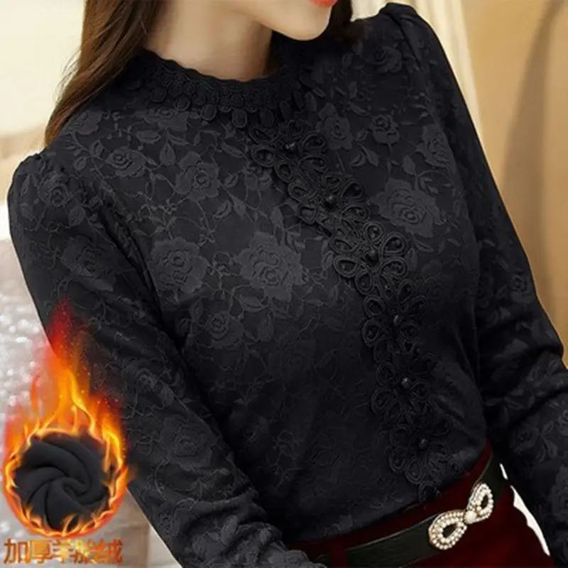 Women Autumn Winter Korean New Fashion Sweet Lace V-Neck Pullover Button Hollow Out Bottom Shirt Fleece Warm Long Sleeve Tops