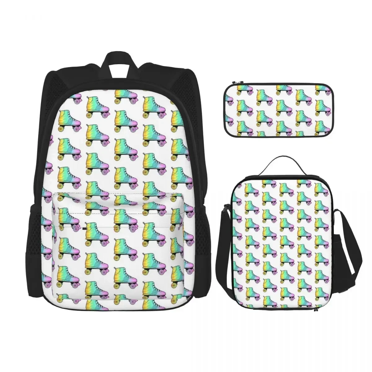 Rainbow Roller Skate Backpacks Boys Girls Bookbag Students School Bags Cartoon Kids Rucksack Lunch Bag Pen Bag Three-Piece Set