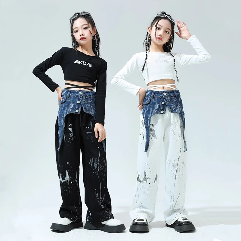 Girls Streetwear Crop Top Splash Ink Loose Pants Child Hip Hop Graffiti T-shirt Clothes Sets Kids Cool Street Dance Jazz Costume