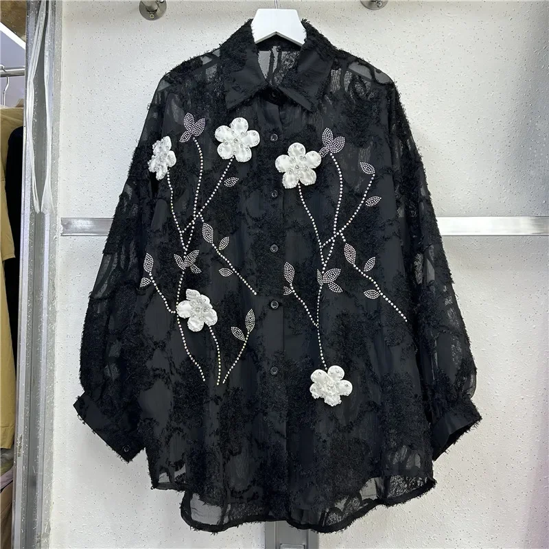 2025 Summer Blouse Chic Diamond 3D Floral Women Shirts Long Sleeve Loose Gauze Blouses Blusas Mujer De Moda See Through Vintage