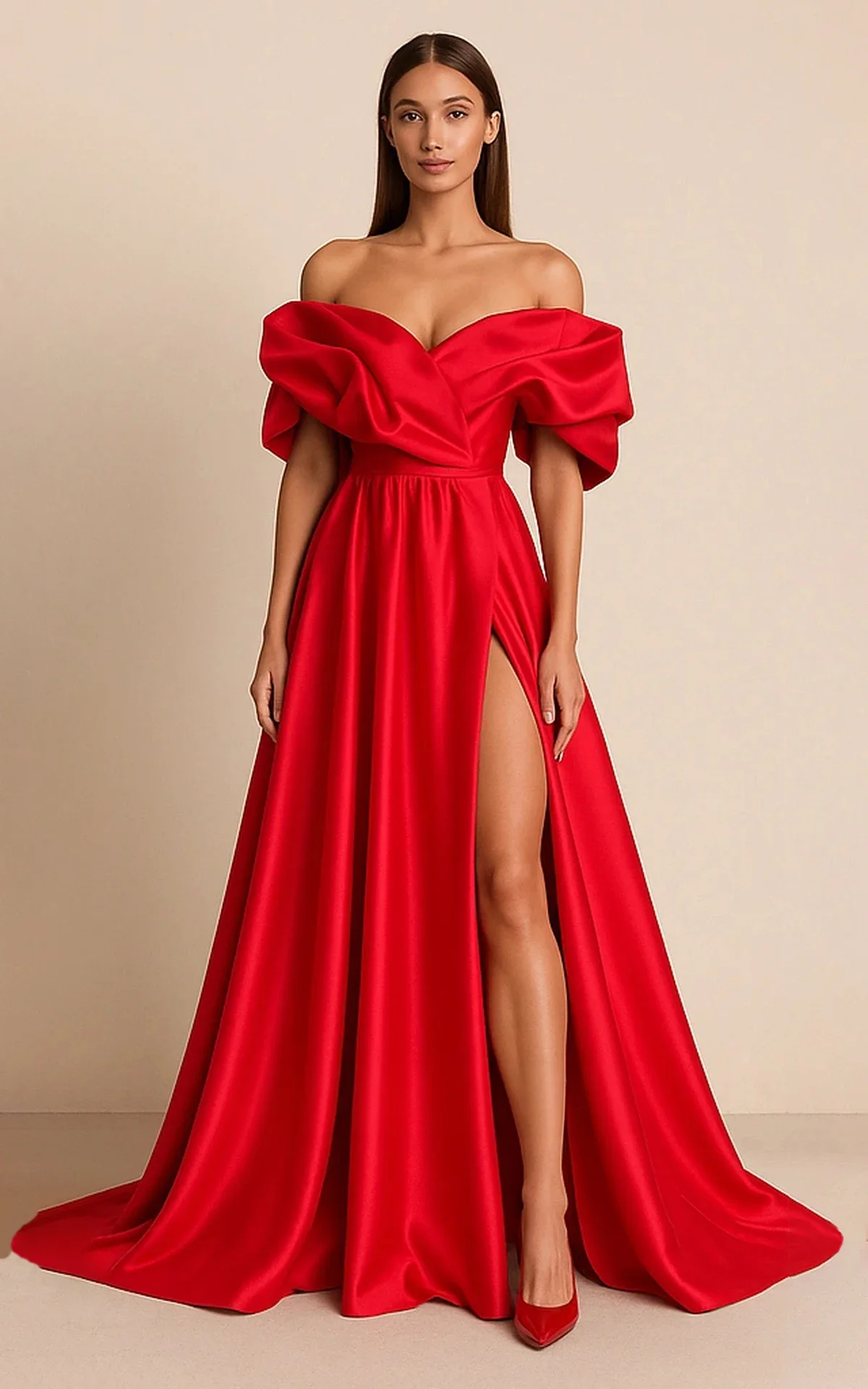 Women Red Satin Evening Dress Off Shoulder Sweetheart Draped A-Line High Slit Long Formal Gown Wedding Guest Prom Dresses