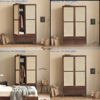 Japanese style retro rattan wardrobe combination walnut solid wood double door storage closet for small bedroom