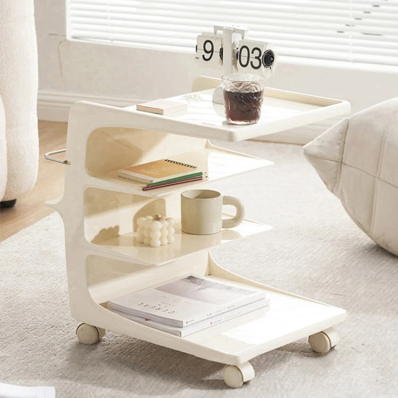 Cream Acrylic Side Table,Mobile Bedside Table with Wheels,Living Room Snack Cart,with Pull Handle for Sofa Bookstand Organizer