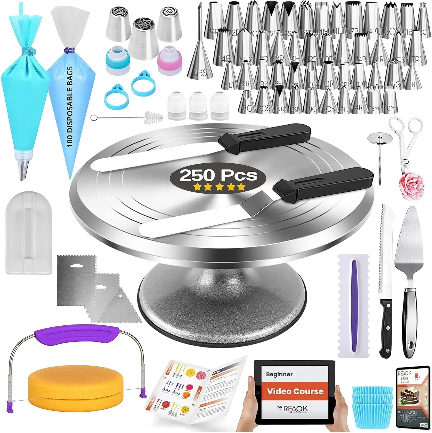 

250-Piece Aluminum Cake Decorating Kit with 12" Turntable, Icing Tips, Piping Nozzles, Spatulas & Baking Tools