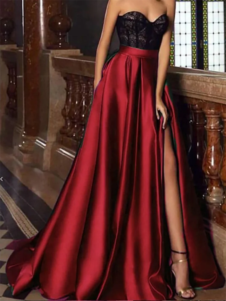 Customized Evening Dress Lace and Satin Stitching Long Sweetheart Neckline Formal Prom Dress with Side Slits Sleeveless