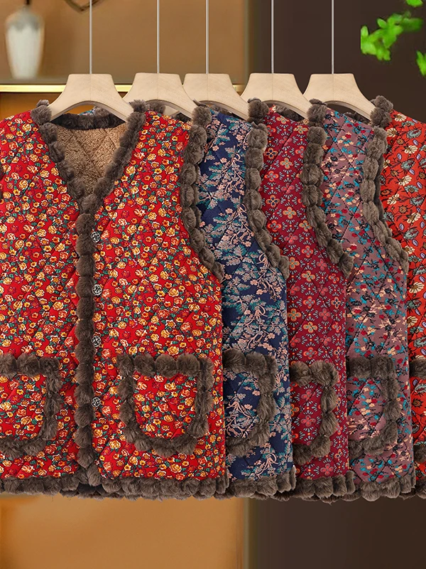 

Утепленный женский жилет с цветочным принтом, осенне-зимний, теплый, модный, в стиле ретро, для женщин среднего и старшего возраста
