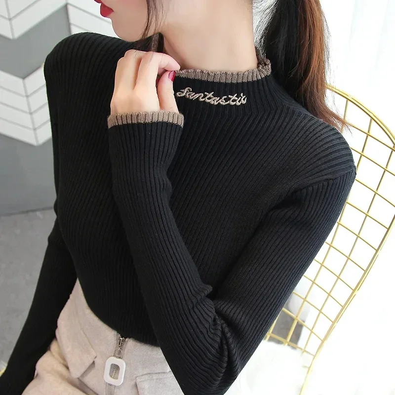 Half Turtleneck Pullovers Solid Appliques 2024 Autumn Winter All Match Women Sweaters Slim New Pull Femme Fashion