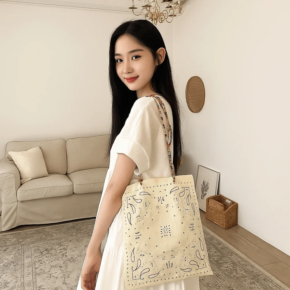 Bolso de lona con estampado de flores de anacardo, bolso de hombro Retro de doble cara de estilo étnico, bolso de compras de gran capacidad, bolso de mano de lona para playa