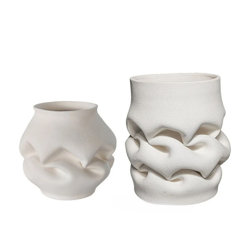 Simple and modern white ceramic vase home model room sales office soft decoration pleated flower ware dining table jewelry