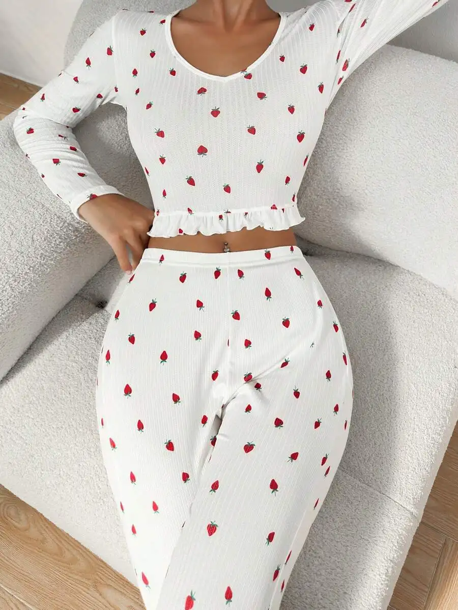 2024 Women\'s Pajama Set Sexy Ruffles Patchwork Long-sleeved Top and Trousers Strawberry Print Sleepwear V-nek Pyjamas Loungewear