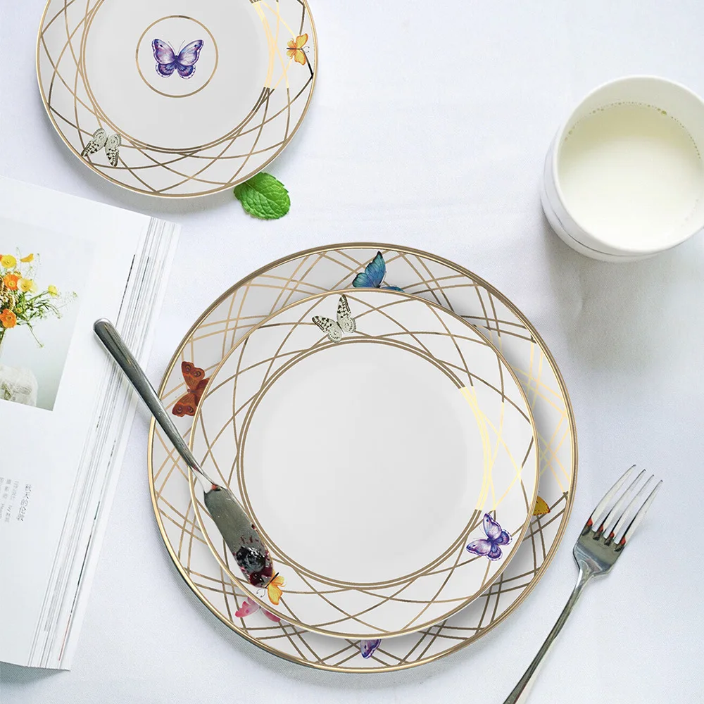 

New Colorful Butterfly Bone China Series Dining Set: Dinner Plates, Salad Plates and Bowls