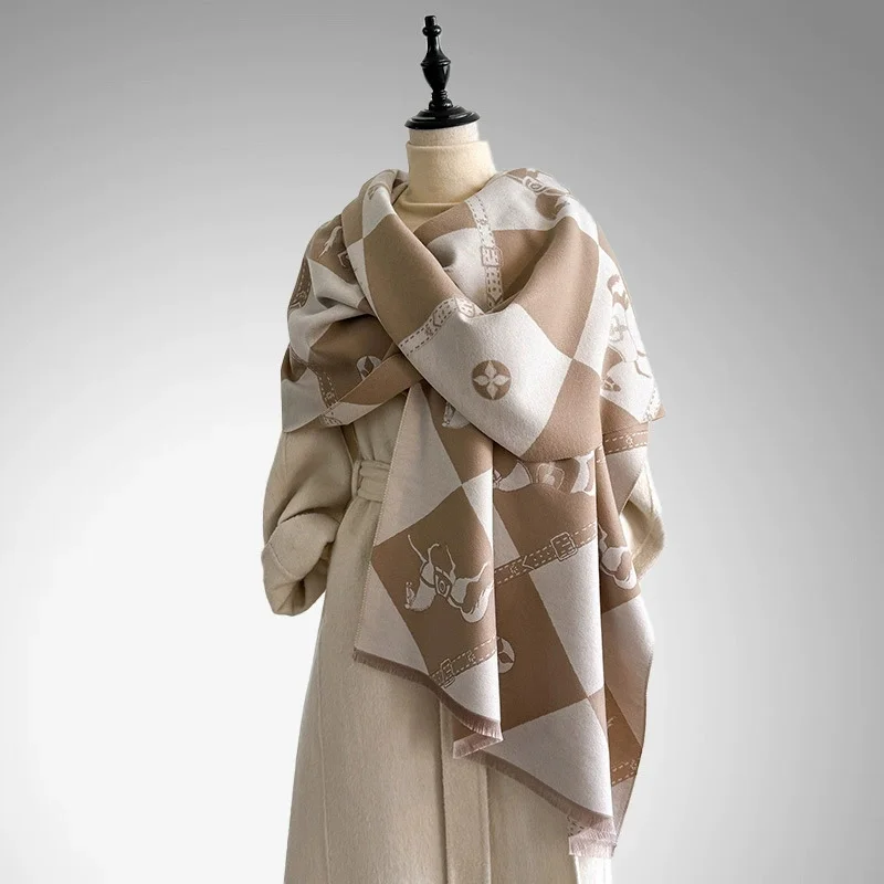 

Women's Winter Luxury Thick Warm Pashmina Wrap Imitation Cashmere Scarf with Geometric Jacquard Design for Casual Wear