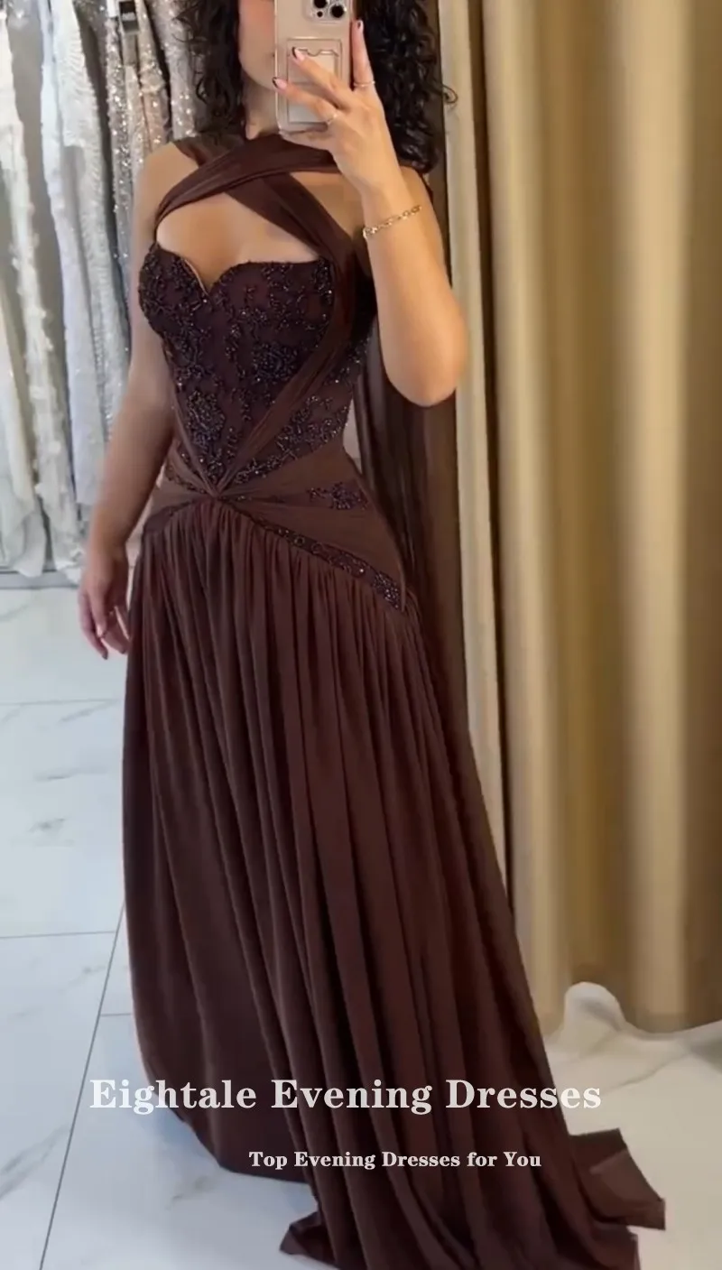 فستان سهرة عربي Eightale طيات رسن بني مزين بالخرز على شكل حرف a شيفون للمشاهير وحفلات الزفاف