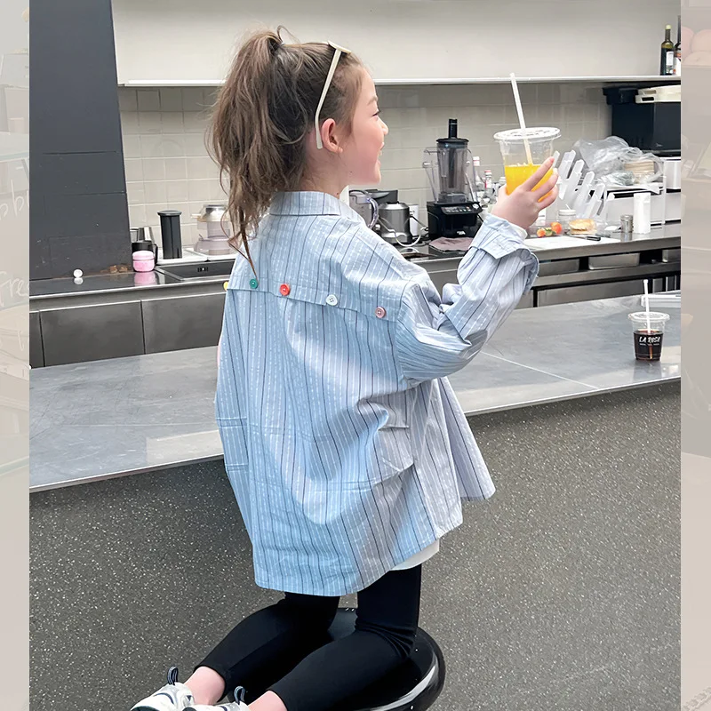 Girls' Loose Striped Shirt Children's Stylish Long Sleeve Shirt Big Kids' Fresh Top2025New Spring Collection