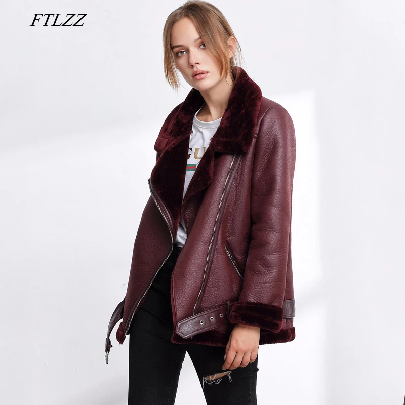 FTLZZ Autumn Winter Faux Soft Leather Women Faux Lamb Leather Jacket Coat Warm Fur Collar Motorcycle Black Punk Zipper Outerwear