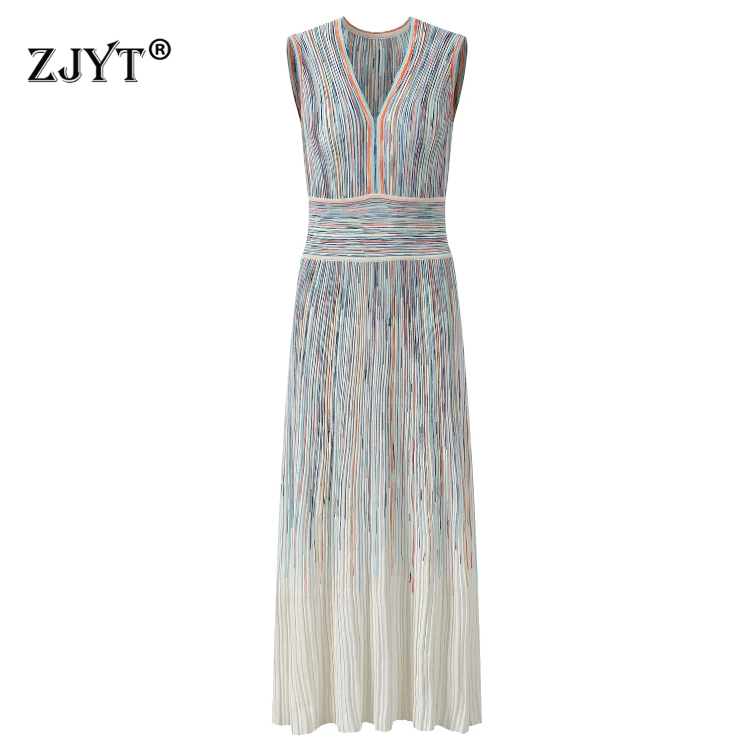 

ZJYT Women's Casual Dresses Summer 2026 New Elegant V Neck Sleeveless Striped Midi Knitted Holiday Party Dress Female Vestidos
