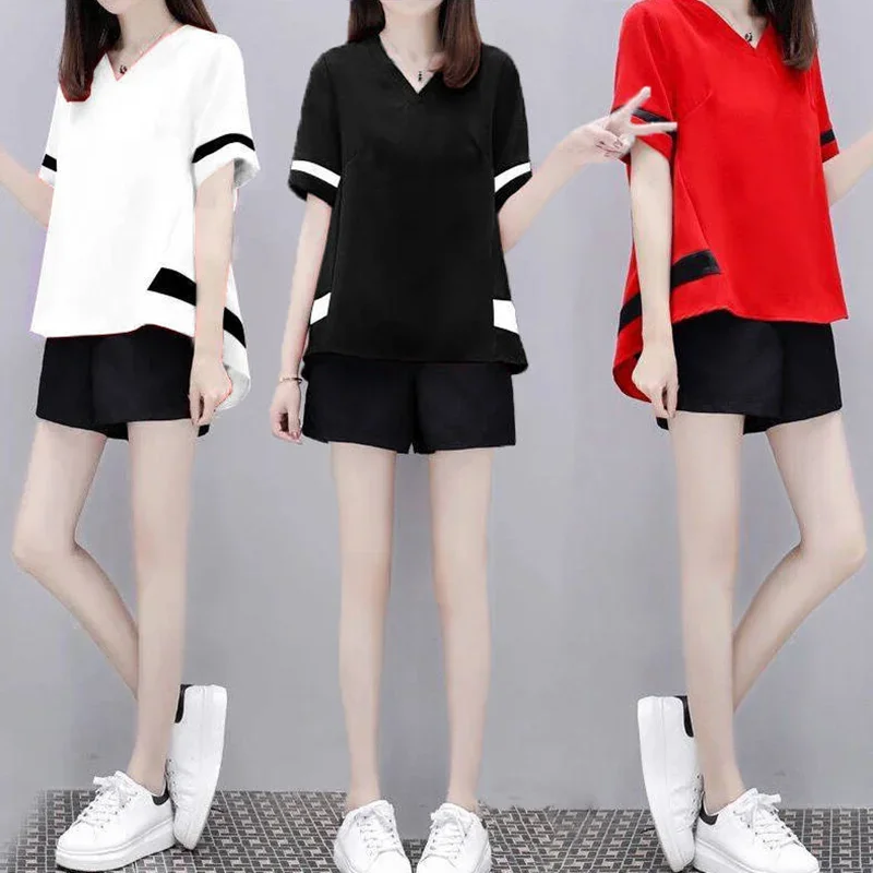 

Summer New Fashion Plus Size Women Shorts Short-sleeved T-shirt Two Piece Set Korean Loose Casual Sports Suit Women's Tracksuit