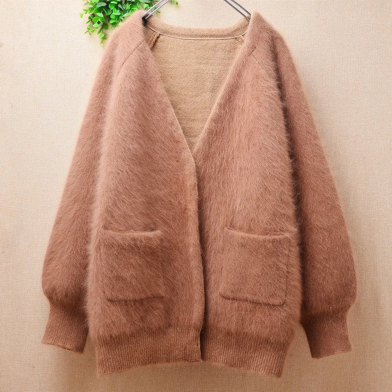 01 Female Women Fall Winter Clothing Thick Hairy Mink Cashmere Knitted V-Neck Loose Cardigans Angora Fur Jacket Sweater Coat Top