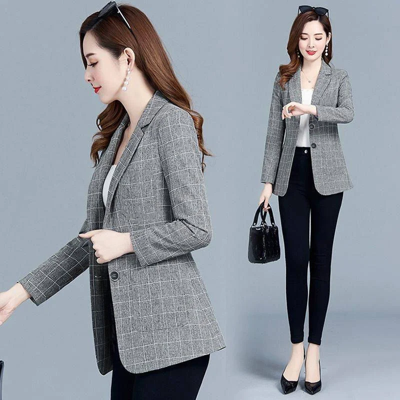 2022 Spring Autumn Blazers Coats Women Suit Short Jacket Casual Tops Female Outerwear Slim Lattice Blazers Windbreaker Coat 5XL