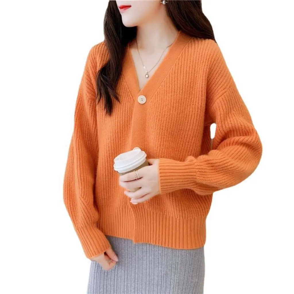 

Spring Autumn Short Knitted Sweater Women's Loose V-neck Fashion Top Korean Style Open Cardigan Small Fragrance Style