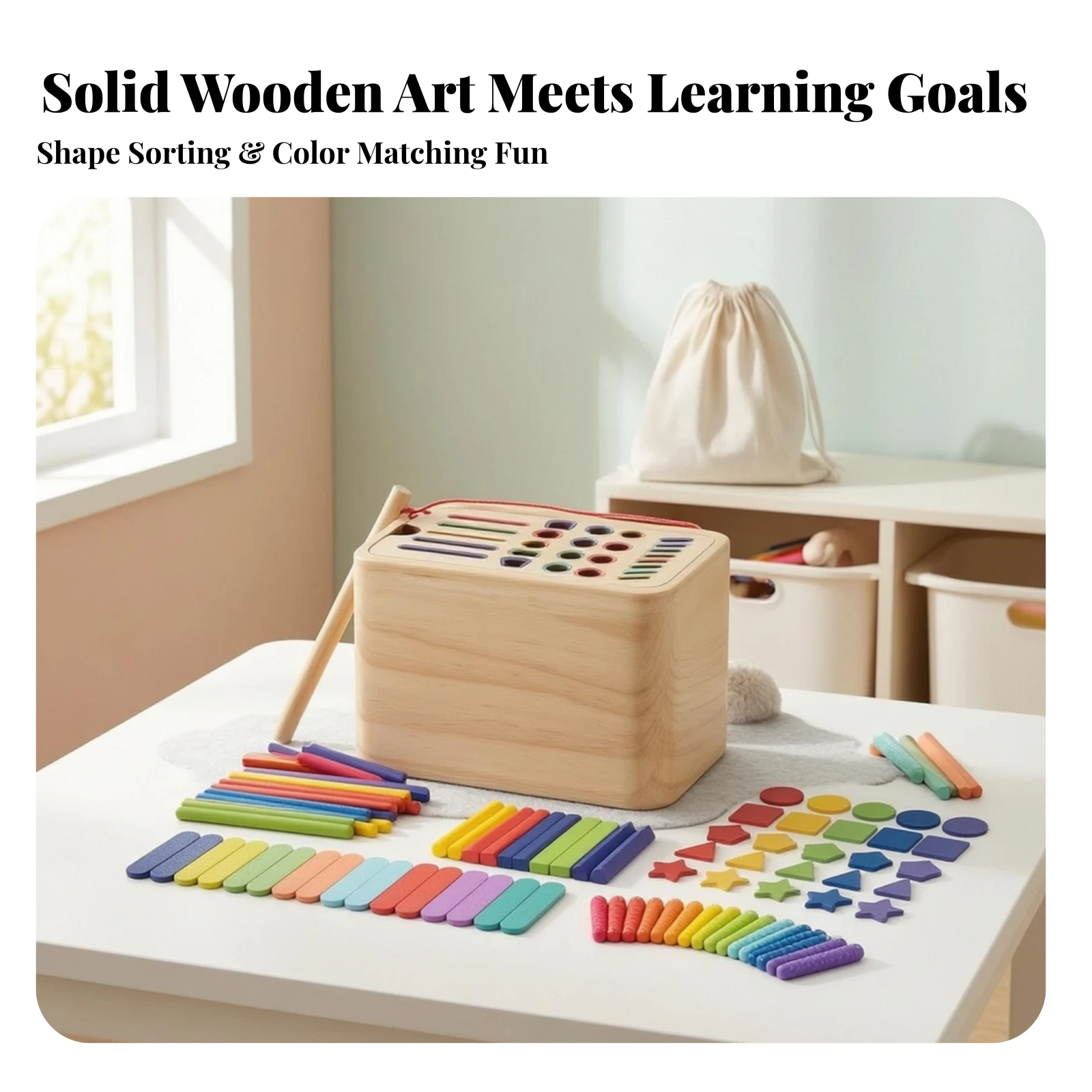 Wooden Sorting Box Toy Rounded Edges Sorting Box with Wooden Pieces Interactive Screenwithout Screen for Toddlers Aged 3-6