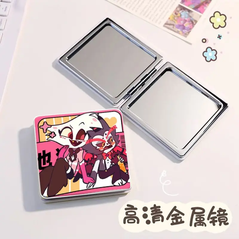Spot Stock Espejo pequeño plegable - Hazbin Hotel Alastor Lucifer Mini espejo de tocador cuadrado portátil de doble cara