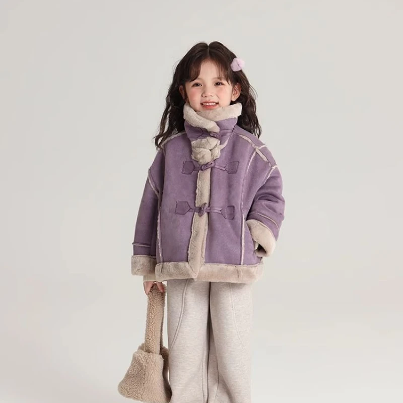 2025 Winter New Girls' Horn Toggle Plush Coat Stylish Fleece Lined Double Layered High Neck Kids' Winter Jacket
