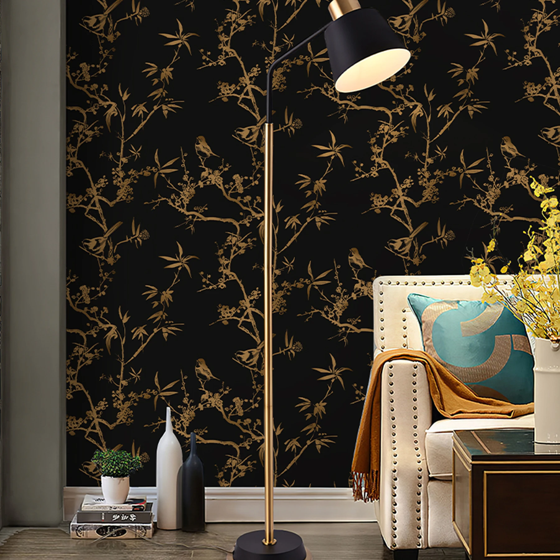 Gold Floral Trees Wallpaper Peel And Stick Gold And Black Vinyl Wall Decor Furniture Self Adhesive Waterproof Cabinet Sticker